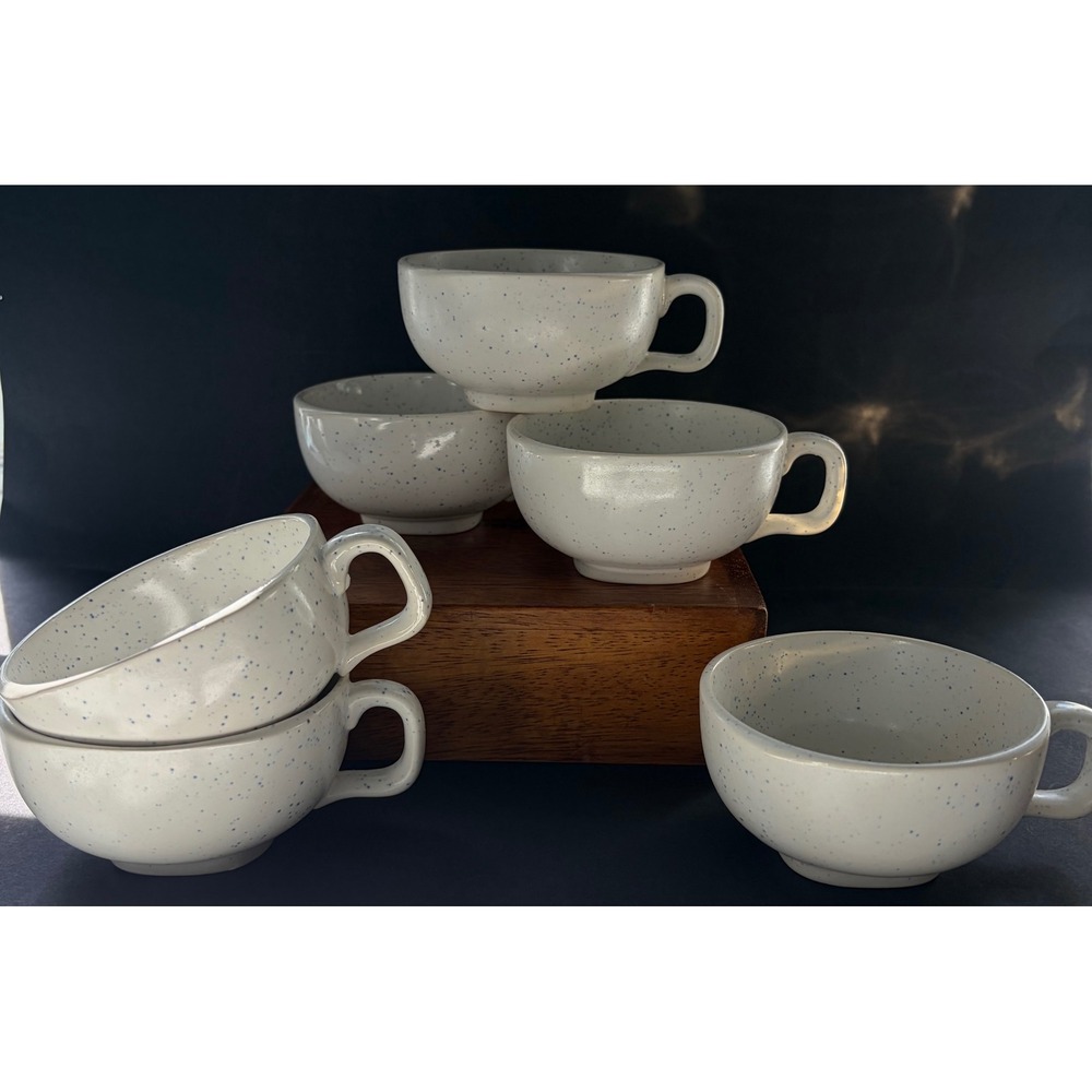 Set of 6 Speckled Stoneware Mugs Cream Blue MCM Vintage Coffee Cups Farmhouse